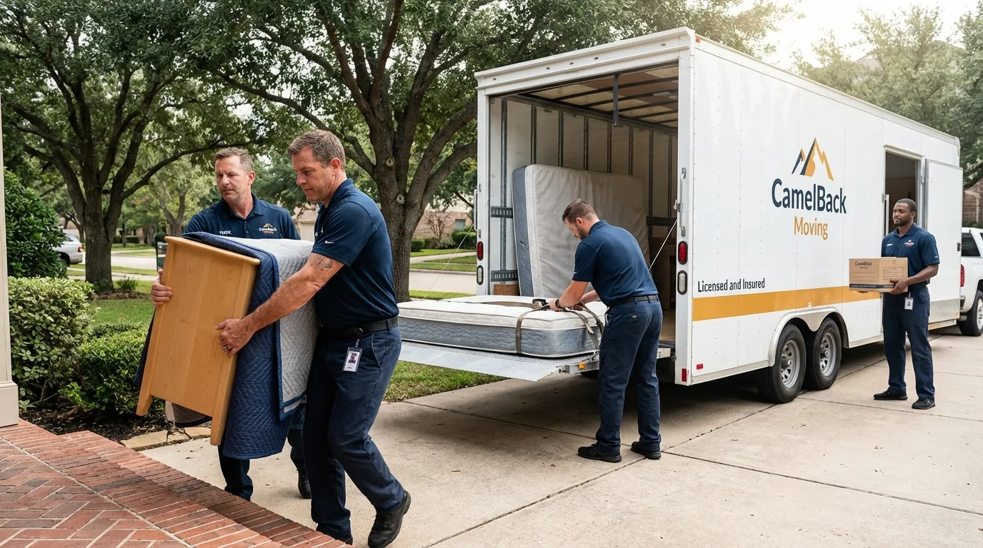 Crew loading residential truck for cross-state move from Hennessey, OK