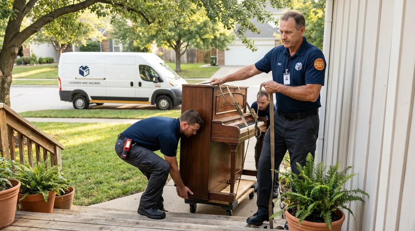 Licensed piano movers securing grand piano in Hennessey, OK