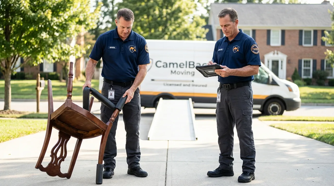 Movers inspecting furniture for damage prevention before loading in Hennessey, OK