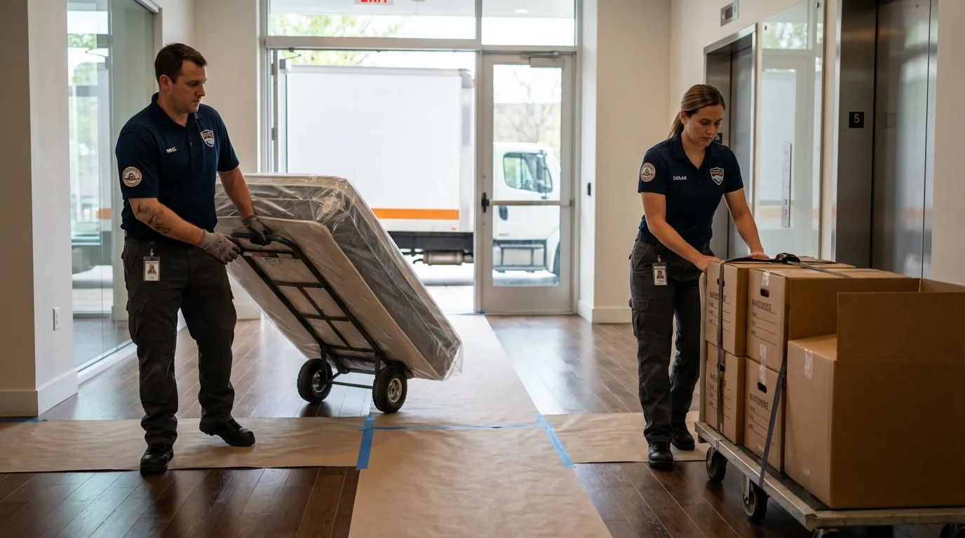 Professional apartment movers loading elevator in Hennessey, OK